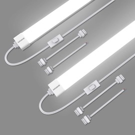 KUKUMAO 5000K LED Ceiling Light Fixture, 2FT with Plug Linkable, 2PCS Waterproof LED Tube Light Under Cabinet Lighting,Closet Light 18W for Garage Kitchen Bathroom Workbench and Office（White 2 Pack