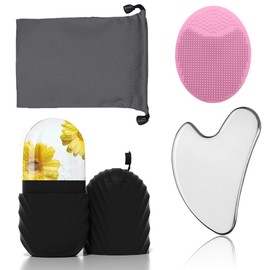 El rodillo de hielo facial y las almohadillas gua sha reducen la hinchazón de la cara y los ojos, y el cepillo de lavado limpia las impurezas faciales y es reutilizable y a prueba de fugas.(Black)
