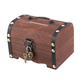 VOSAREA Retro Wooden Chest Coin Storage Box with Lock Treasure Case Gift for Adults Children Kids Jewelry Collection