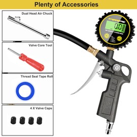 Digital Tyre Inflator Pressure Gauge, ATsafepro High Performance Tyre Pressure Gauge Air Tool 200 PSI with Rubber Hose and Quick Coupling Air Pressure Gauge Compressor Accessories