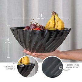 Folkulture Wooden Salad Bowl for Kitchen Island | (11") Bowls for Salads or Centerpiece Table Decoration | Decorative-Bowl or Fruit's Holder for Kitchen Counter Decor | Ribbed Salad Bowls