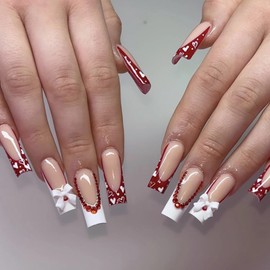 MERVF Valentines Square Press on Nails Long Fake Nails Red White French Tip Glue on Nails with Heart Design 3D Bow Press ons Love Squoval Acrylic Nails for Women Glossy 24pcs
