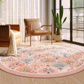 Ashler 4x4 Round Vintage Floral Area Rug - Ultra-Thin Boho Tropical, Vintage for Entryway, Kitchen - Flesh Pink/Beige Moroccan Low-Pile Machine Washable