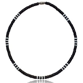 Native Treasure 22" Men Women Tropical Summer Beach Surfer Necklace From the Philippines, White Clam Heishe Ark Shells and Black Coconut Beads, Mens Summer Necklace