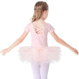 Beioner Girls' Ballet Tutu Dress Cotton Dance Leotard with Skirt Short Sleeve Ballerina Outfit Pink 130