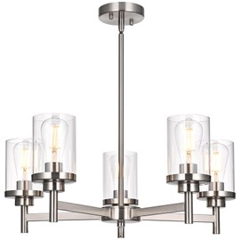 QueeuQ 5 Lights Brushed Nickel Pendant Light Fixtures, Modern Dining Room Chandelier Ceiling Hanging Lights, Kitchen Pendent Lights Over Table with Clear Glass Shades for Foyer Hallway