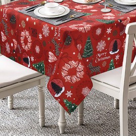 LinTimes Christmas Tablecloth Wipe Clean Spill-Proof Table Cloth Xmas Tree Fun Print Tablecloth Snowflake and Reindeer Xmas Table Cover for Birthday Party, 52 x 79 Inches, Rectangular