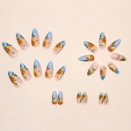 Summer Press on Nails Medium Almond Fake Nails with Flower Designs Blue French Tip Nails Press ons Glossy Glue on Nails Nude Acrylic Nails Cute False Nails Artificial Stick on Nails for Women 24Pcs