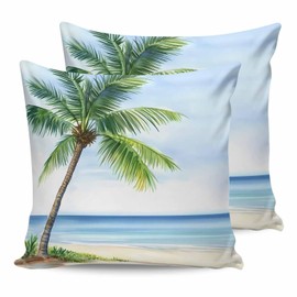 Outdoor Throw Pillow Cases Summer Seaside Palm Trees Ocean,Waterproof Pillow Cover Soft Pillow Protectors, Watercolor Beach Pillowcase for Sofa Couch Seaside Picnic RV Vacation