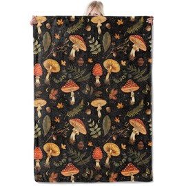ICAAV Mushroom Flannel Blanket 50x60in,Autumn Forest Fungi and Moth Pattern with Acorns,Leaves,and Stars,Soft Lightweight Throw for Cottagecore Decor and Nature Lovers Gifts Blankets
