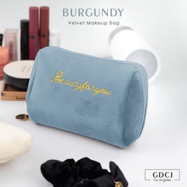 Junesters Velvet Makeup Bag, Travel Pouch for Women with Zipped, Portability Small Velvet Bags, Flannel Toiletry Bag, Travel Storage Bag Gifts for Lady or Girl(Blue)