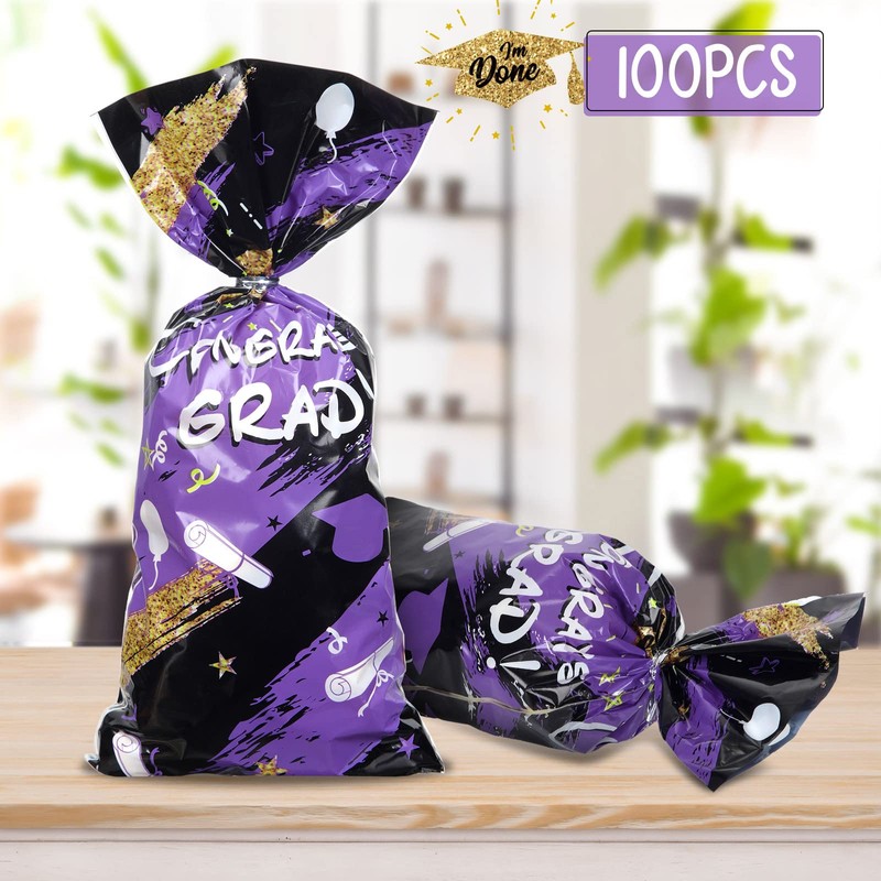 100 Pieces Graduation Cellophane Treat Bags, Congrats Graduates Candy Present