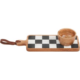 Mud Pie Checkered Board 5" x 13" Cup 2 1/2" x 3 3/4" Dia Marble Dip Tray Set