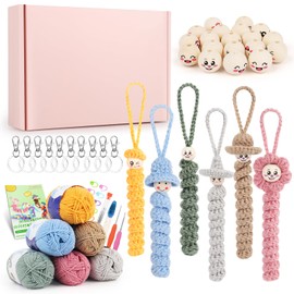 Coopay Worry Worms Crochet Set, Lucky Worms Crochet Set with 6 x 50 g Crochet Yarn and Crochet Hook, Crochet Set for Worry Worms with 50 Wooden Balls with Face, Instructions, Lucky Worms Crochet Set