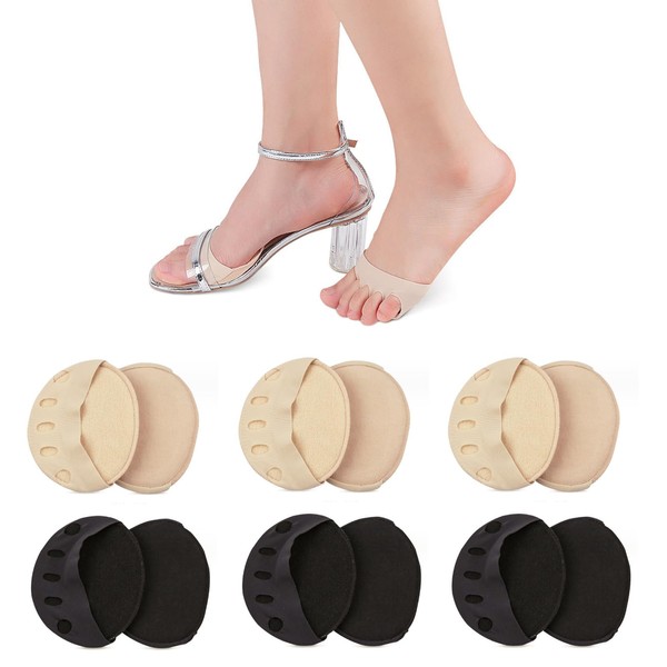 Forefoot Pads for Women, 6 Pairs Black and Beige Invisible Soft Elastic Breathable Honeycomb Fabric Forefoot Cushion Pads for High Heels Foot Leather Shoes Trainers Evening Shoes