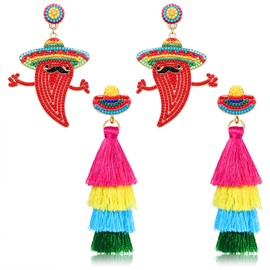 2 Pairs Mexican Earrings Cinco De Mayo Earrings for Women, Beaded Fiesta Earrings Piñata Sombrero Chili Pepper Earrings Layered Tassel Earrings, Mexican Holiday Jewelry Gifts, Zinc, No Gemstone