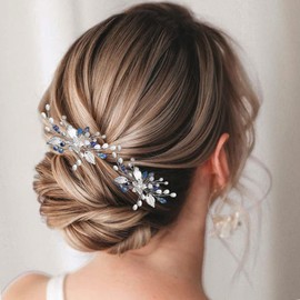 Heread Horquillas para el pelo de novia con flores y diamantes azules, accesorios para el pelo de novia de perlas plateadas, pinzas para el pelo para mujeres y niñas (paquete de 2)