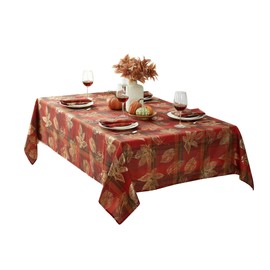 Newbridge Thanksgiving Metallic Rustic Leaf Plaid Rectangle Fabric Tablecloth, 60 x 102 Inch, Gold Falling Leaves Plaid Fabric Easy Care Wrinkle Free Fabric Table Cover for Holiday Party Dining