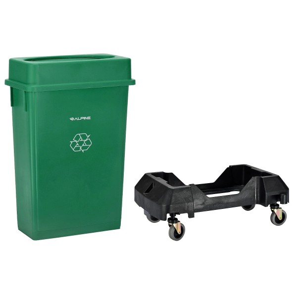Alpine Industries Polypropylene Recycling Bin with Swing Lid and Dolly