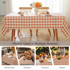 JIALE Orange Checkered Table Cloth Rectangle Cotton Linen Fabric Gingham Tablecloth with Tassel Washable Wrinkle Free Buffalo Plaid Table Cover for Fall Picnic Kitchen Dining,Orange and White,55x106''