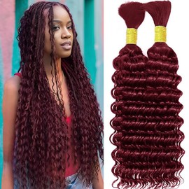 Ubinica Color Burgundy Deep Wave Human Braiding Hair for Boho Braids 2 Bundles Total 100g 18 Inch Deep Wave Bulk Braiding Hair for Boho Braids
