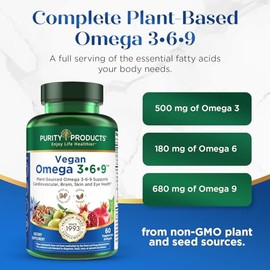 Purity Products - Fórmula Vegana Omega 3-6-9, Complejo de Ácidos Grasos Esenciales, 60 Cápsulas