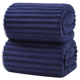 XIQ 39x79 Inches Extra Large Bath Sheets Towels for Adults Super Soft Luxury Ultra Absorbent Striped with Hanging Loop Microfiber Shower Towels (Navy Blue, 2PCS)