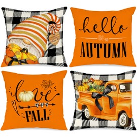 Benjia Autumn 45x45 Cushion Covers Set of 4, Pumpkin Gnome Decorative Holiday 18x18 Inch Fall Throw Pillow Covers Thanksgiving Pillowcase for Indoor Home Bedroom Couch Sofa Decoration Black 45x45cm