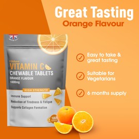 Vitamin C Chewable 180 Orange Tablets 1000mg, Supports Immune Health and Helps Fight Colds - Helps Reduce Tiredness and Fatigue