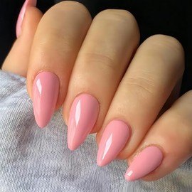 Rose Pink Press on Nails Almond Shaped Nails Press ons, Medium Fake Nails Almond Acrylic Nails Glue on Nail Medium Length False Nail for Women Thick Natural Gel Stiletto 24Pcs