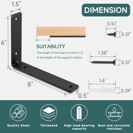 16 Pcs L Shelf Brackets, 8 x 6 Inch Heavy Duty Metal Floating Shelf Bracket, 1/2" Thick Hidden 90° Angle Wall Shelf Support Brackets for Kitchen, Bathroom, Warehouse, 160 lb Load Capacity(Black)