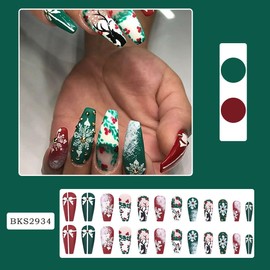 24Pcs Christmas Fake Nails Long Coffin Press on Nails with Reindeer Snowflake Designs Christmas Nails Press ons Red Green Glossy Xmas False Nails Full Cover Glue on Nails for Women Holiday Manicure