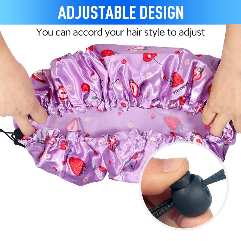 Shower Caps for Women Reusable Waterproof, Adjustable Double Layer Shower