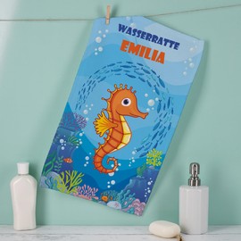 Herz & Heim Children's Beach Towel with Seahorse Motif, Name and Desired Text, Three Sizes (30 x 50 cm)