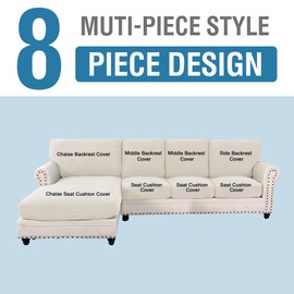 H.VERSAILTEX 2025 New Sectional Couch Covers 8 Pieces Stretch Sofa Covers for Sectional Sofa Set Separate L Shaped Couch Cover for Both Left/Right Couch (Seat and Back: 1 Chaise + 3 Sofa, Ivory)