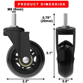 Creeper Caster Wheels Set of 6 Roller Blade Swivel Casters Heavy-Duty 2.5 Inch Castor Replacement for Creeper Service Cart Stool Post Mount, 360 Degree No Noise, Safe for Hardwood Floors & Carpet