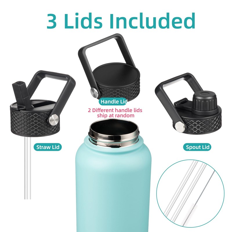 Konokyo Insulated Water Bottle with Straw,32oz 3 Lids Metal Bottles