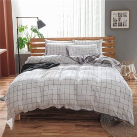 NSNLGSGC Duvet Cover, 3-Piece Set, Single, Futon Cover, Bed Cover, Single, White, Checkered Pattern, Korean, Western, Japanese, Washable, Quick Drying, Dust Mite Resistant