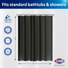 CLOROX Shower Curtain Liner, Premium Medium Weight Flexible Waterproof 6g PEVA for Bathroom with Weighted Magnets, Standard Size 72" x 72", Black 1 Pack