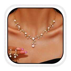 Unicra Gold Pearl Necklace Earrings Sets Rhinestone Bridal Wedding Jewelry Set Formal Prom Costume Jewelry Sets for Women and Brides (Gold)