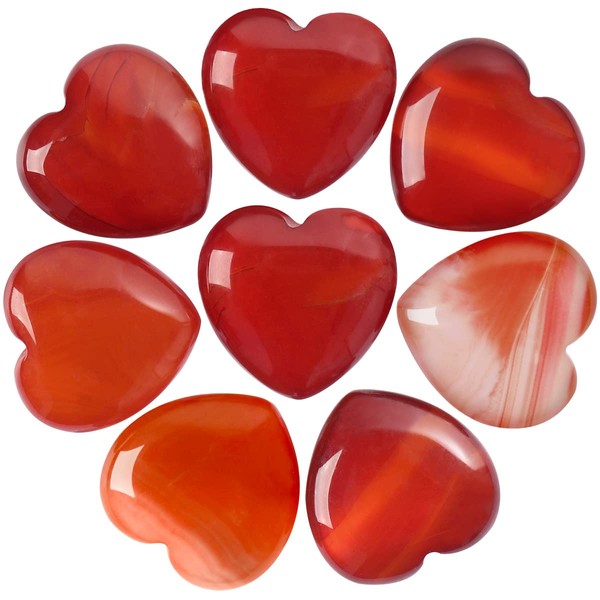 CASMON 8 Pcs Natural Red Agate Heart Stones (1 Inches), Polished Healing Crystal Pocket Stones Love Gemstones Set Gift for Chakra Reiki Home Décor