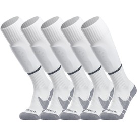 APTESOL Youth Soccer Socks Kids Knee High Team Sport Cushion Sock Women Men Long Tube Cotton Athletic Compression Socks (5-Pair White-B,Medium)
