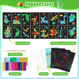 CutteeyFyry Foil Art Fun Kit for Kids,Dinosaur Foil &Scratch Paper Art Set 2-in-1,Foil Crafts for Kids Ages 3-10,Creative Birthday Christmas Travel Toys Gift for Girl and Boy