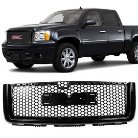 Grille Compatible With 2007-2013 GMC Sierra 1500 Denali | ABS Plastic Gloss Black Front Bumper Upper Hood Grill By IKON MOTORSPORTS | 2008 2009 2010 2011 2012