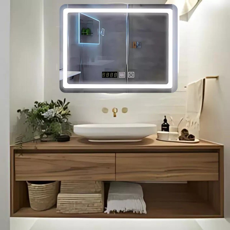 E-byte Espejo 3 Luz Led Smarttouch Reloj Digital Desempañante 50x70