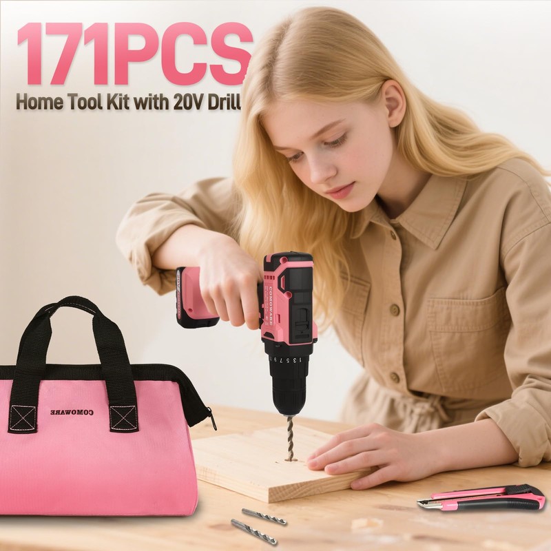COMOWARE 20V Cordless Drill Set, 171Pcs Pink Home Tool Set