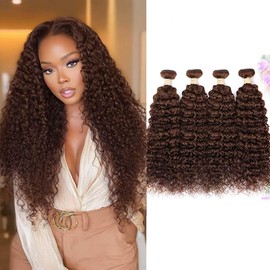 ALLRUN Brown Human Hair Bundles Curly 4 Bundles Curly Wave Chocolate Brown Human Hair Unprocessed Brazilian Remy Hair Extensions 4# Color 12 14 16 16 Inch