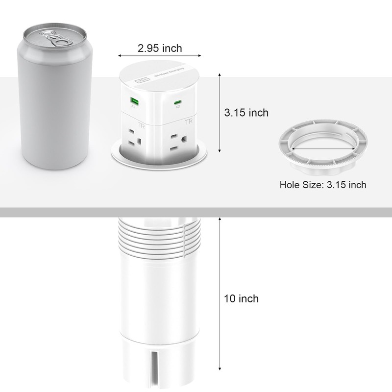 ANNQUAN 3.15" Pop Up Countertop Outlet Wireless Charger 65W USB