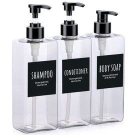 Segbeauty - Botellas de champú, 3 dispensadores vacíos recargables de 16.9 onzas con etiquetas, recipientes de loción de prensa reutilizables de plástico de 500 ml para baño, hotel, jabón líquido, lavado corporal, jabón de manos, acondicionador transpare