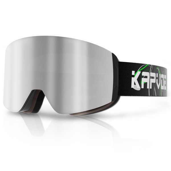 KAPVOE Ski Goggles - Frameless Design, OTG, Magnetic Lens, Anti-fog, UV400 Protection for Men, Women, and Youth. Helmet Compatible, Ideal for Skiing, Snowboarding, Skating 05 silvery Black